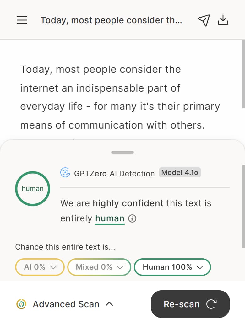 GPTZero on DetectorProof text: Human 100%