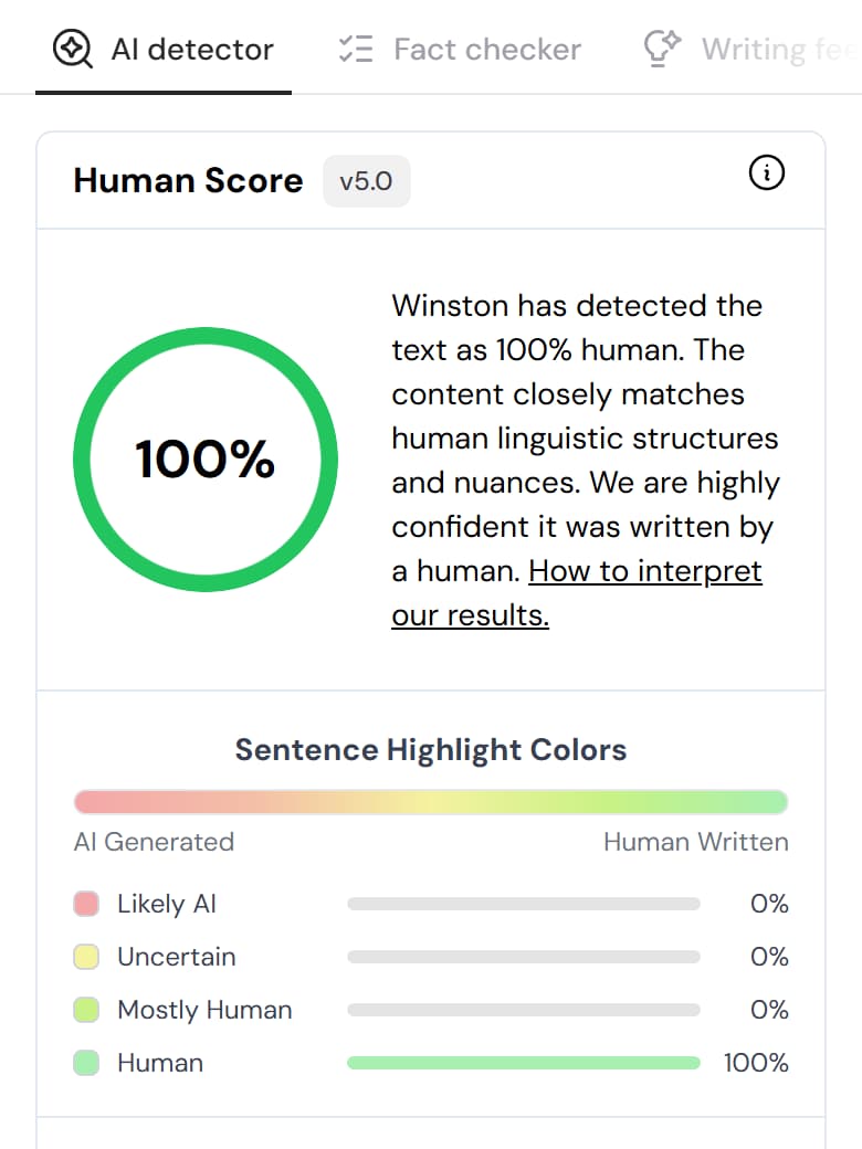 WinstonAI on DetectorProof text: Human 100%